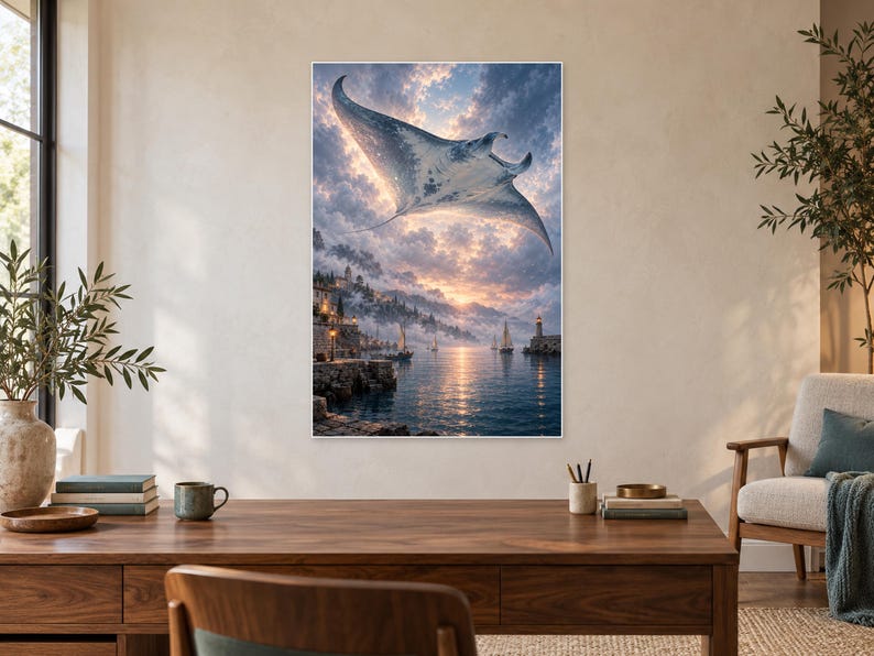 Flying Manta Ray Art Print | Dreamlike Coastal Harbour Wall Decor image 2