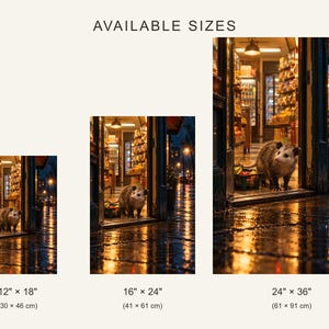 Peut inclure: Trois impressions rectangulaires intitul&eacute;es AVAILABLE SIZES montrant un opossum debout dans l'entr&eacute;e d'une boutique &eacute;clair&eacute;e la nuit. Les tailles sont 30 cm par 46 cm, 41 cm par 61 cm et 61 cm par 91 cm, avec un trottoir humide refl&eacute;tant la lumi&egrave;re.