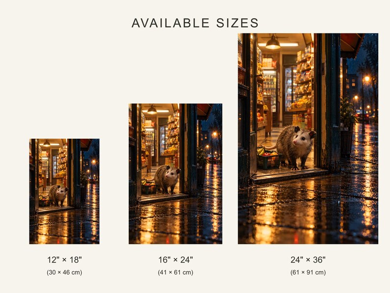 Peut inclure: Trois impressions rectangulaires intitul&eacute;es AVAILABLE SIZES montrant un opossum debout dans l'entr&eacute;e d'une boutique &eacute;clair&eacute;e la nuit. Les tailles sont 30 cm par 46 cm, 41 cm par 61 cm et 61 cm par 91 cm, avec un trottoir humide refl&eacute;tant la lumi&egrave;re.