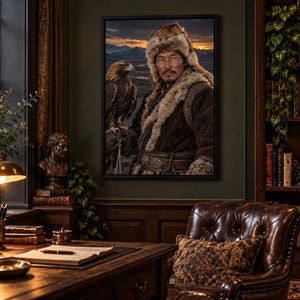 Framed Mongolian Eagle Hunter Portrait Print | Epic Character Wall Art | Cinematic Wildlife Poster image 1