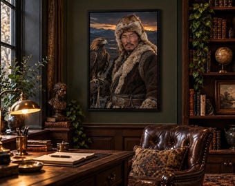Framed Mongolian Eagle Hunter Portrait Print | Epic Character Wall Art | Cinematic Wildlife Poster