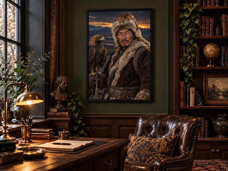 Framed Mongolian Eagle Hunter Portrait Print | Epic Character Wall Art | Cinematic Wildlife Poster image 1