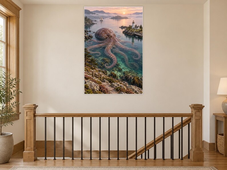 Octopus Art Print | Coastal Lighthouse Fantasy Wall Decor image 14