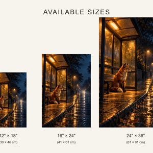 Fox Bus Stop Art Print | Rainy City Night Wall Decor image 4