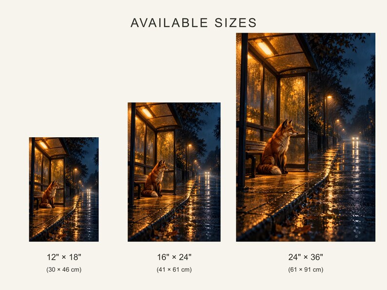 Fox Bus Stop Art Print | Rainy City Night Wall Decor image 4