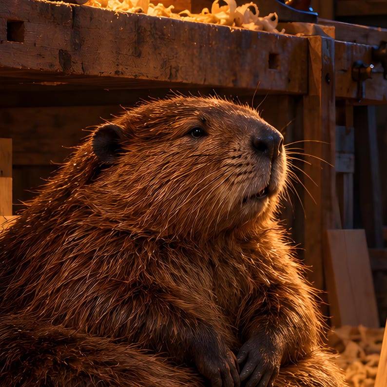 May include: A brown beaver with dense, wet-looking fur and prominent whiskers sits in a dimly lit workshop. The beaver has small, rounded ears and a dark nose, with its front paws tucked inward. Wood shavings are visible on the workbench above.