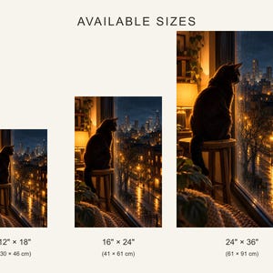 Black Cat Window Art Print | Rainy City Skyline Wall Decor image 4