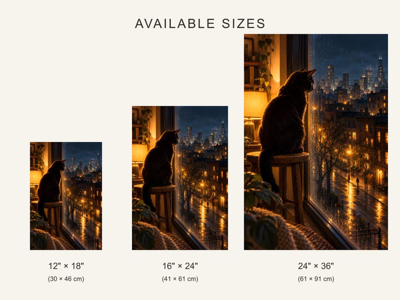 Black Cat Window Art Print | Rainy City Skyline Wall Decor image 4