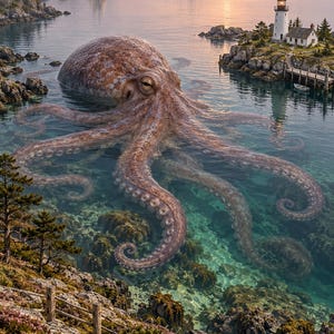 Octopus Art Print | Coastal Lighthouse Fantasy Wall Decor image 1