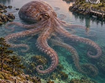Octopus Art Print | Coastal Lighthouse Fantasy Wall Decor