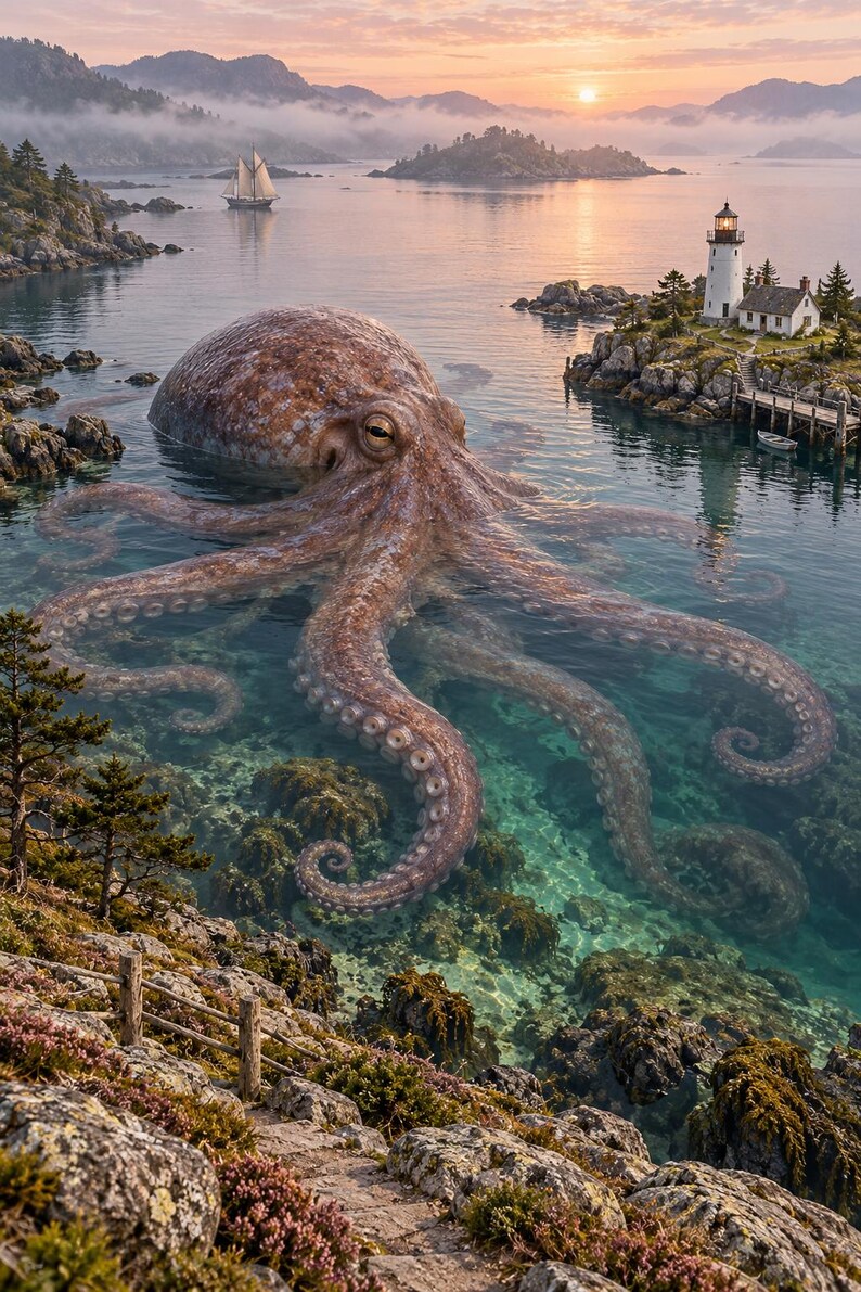 Octopus Art Print | Coastal Lighthouse Fantasy Wall Decor image 1