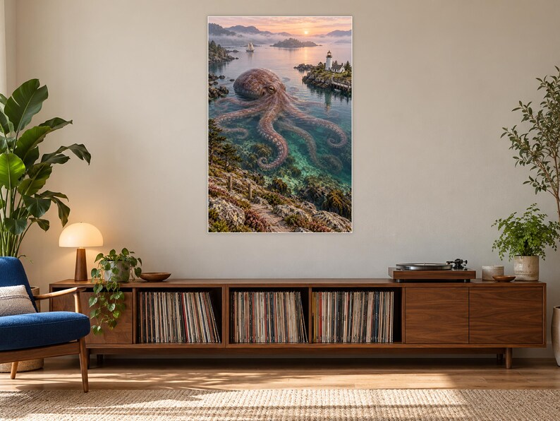 Octopus Art Print | Coastal Lighthouse Fantasy Wall Decor image 17