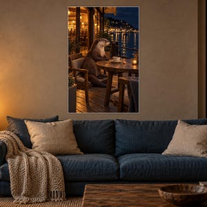 Kunstdruck „Otter Café“ | Wanddekoration für Kaffeeliebhaber bei Nacht am Wasser Bild 1