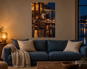 Otter Cafe Art Print | Waterfront Night Coffee Wall Decor