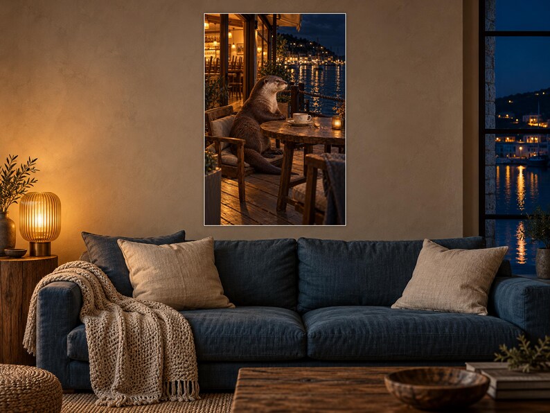 Kunstdruck „Otter Café“ | Wanddekoration für Kaffeeliebhaber bei Nacht am Wasser Bild 1