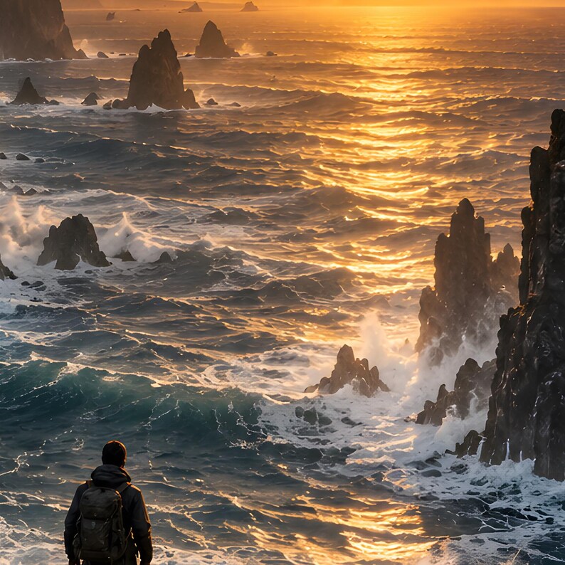 Framed Volcanic Coast Sunset Print | Dramatic Ocean Seascape Poster | Epic Wanderlust Wall Art image 2