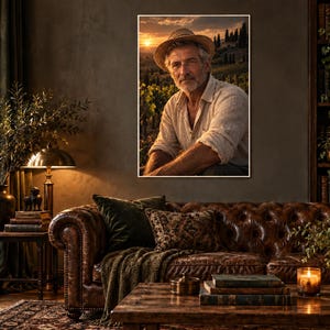 Italian Vineyard Farmer Portrait Print | Tuscany Wall Art | Warm Cinematic Character Poster image 1