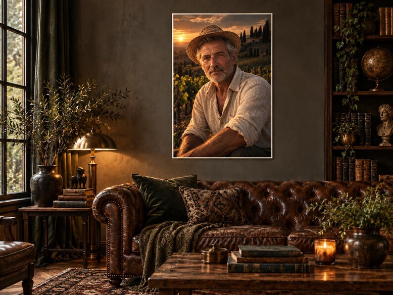 Italian Vineyard Farmer Portrait Print | Tuscany Wall Art | Warm Cinematic Character Poster image 1
