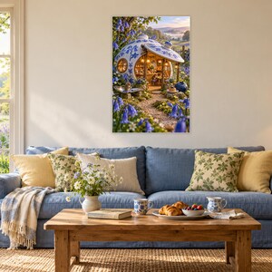 May include: A rectangular wall art print featuring a whimsical teapot-shaped house with blue and white floral patterns, surrounded by a lush garden of bluebell flowers, set against a soft, sunlit landscape background.