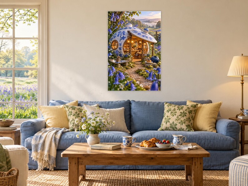 May include: A rectangular wall art print featuring a whimsical teapot-shaped house with blue and white floral patterns, surrounded by a lush garden of bluebell flowers, set against a soft, sunlit landscape background.