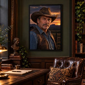 Framed American Rancher Portrait Print | Western Cowboy Wall Art | Moody Character Fine Art Poster image 1