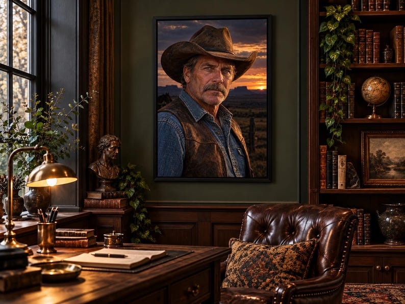 Framed American Rancher Portrait Print | Western Cowboy Wall Art | Moody Character Fine Art Poster image 1