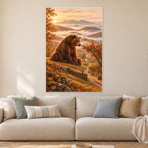 Lámina artística de oso pardo / Decoración de pared de fantasía en un huerto otoñal imagen 1