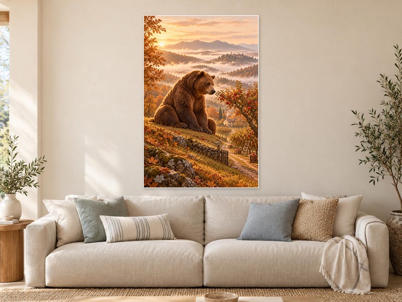 Lámina artística de oso pardo / Decoración de pared de fantasía en un huerto otoñal imagen 1