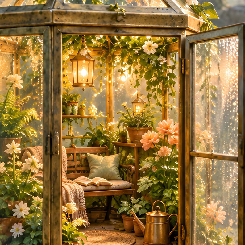 Lámina artística de invernadero con farol / Decoración de pared para estanque de jardín botánico imagen 3
