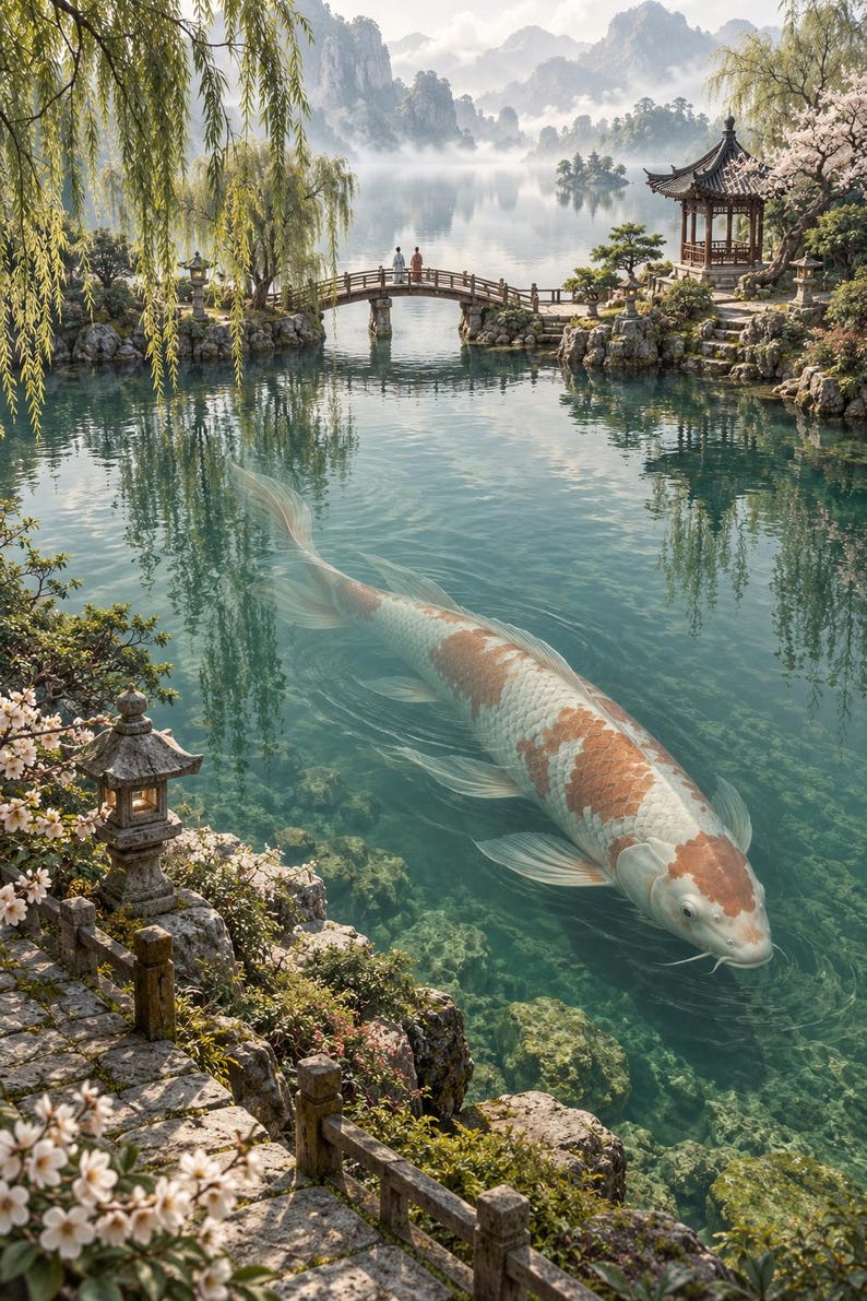 Koi Fish Art Print | Japanese Garden Fantasy Wall Decor image 1