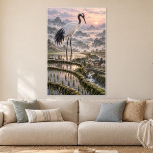 Red Crowned Crane Art Print | Rice Terrace Fantasy Wall Decor image 1
