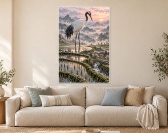 Red Crowned Crane Art Print | Rice Terrace Fantasy Wall Decor