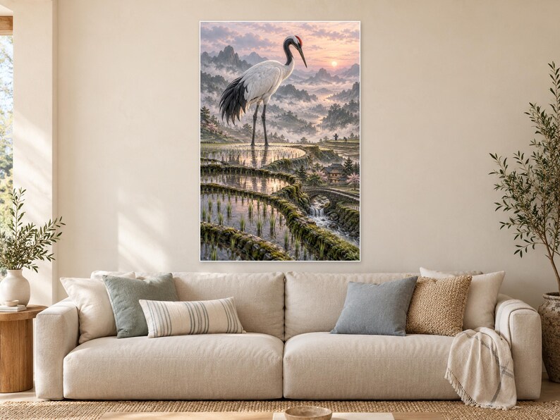 Red Crowned Crane Art Print | Rice Terrace Fantasy Wall Decor image 1