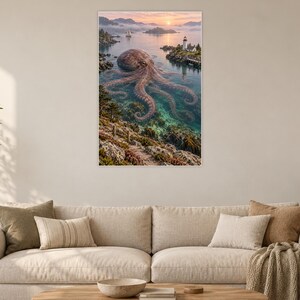 Octopus Art Print | Coastal Lighthouse Fantasy Wall Decor image 2