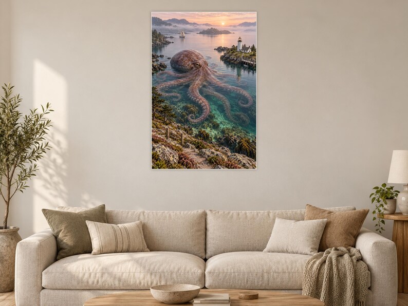 Octopus Art Print | Coastal Lighthouse Fantasy Wall Decor image 2