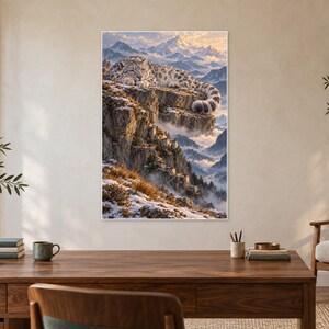 Sleeping Snow Leopard Art Print | Mountain Monastery Fantasy Wall Decor image 2