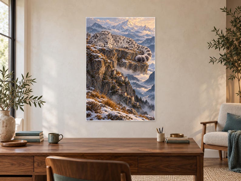 Sleeping Snow Leopard Art Print | Mountain Monastery Fantasy Wall Decor image 2
