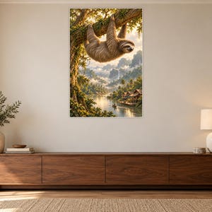 Sloth Art Print | Tropical River Village Fantasy Wall Decor image 3