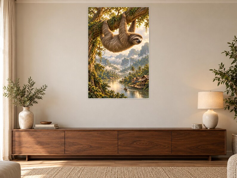 Sloth Art Print | Tropical River Village Fantasy Wall Decor image 3