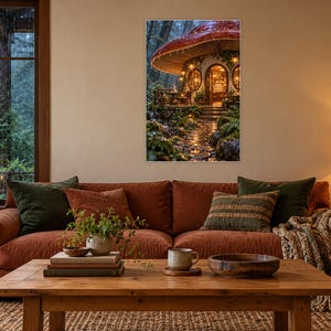 Kunstdruck „Mushroom Cafe“ | Wanddeko im Cottagecore-Stil mit regnerischem Waldmotiv Bild 1
