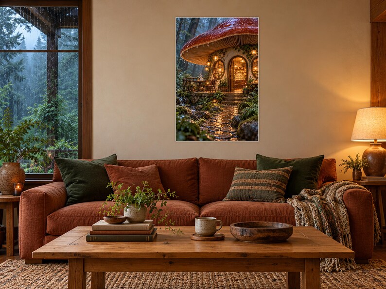 Kunstdruck „Mushroom Cafe“ | Wanddeko im Cottagecore-Stil mit regnerischem Waldmotiv Bild 1