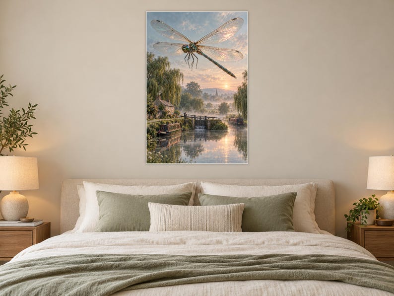 Dragonfly Art Print | Misty Canal Fantasy Wall Decor immagine 4