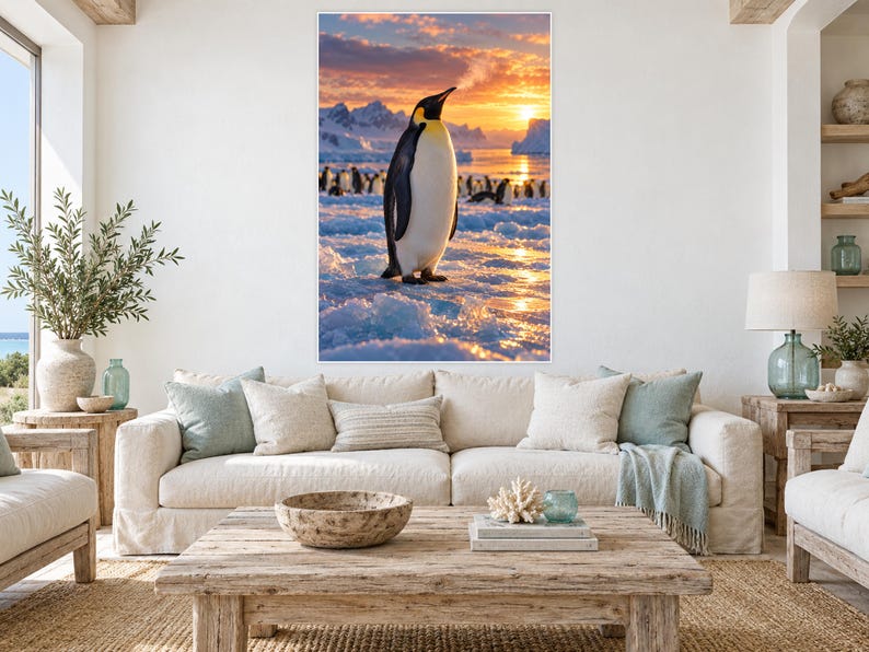 K&ouml;nnte beinhalten: Ein rechteckiger Wandkunstdruck, der einen einsamen Kaiserpinguin zeigt, der w&auml;hrend eines lebhaften Sonnenuntergangs auf eisigem Gel&auml;nde steht. Der Pinguin hat schwarze und wei&szlig;e Federn mit gelben Akzenten am Hals. Im Hintergrund steht eine Gruppe kleinerer Pinguine auf dem Eis vor schneebedeckten Bergen und einem leuchtend orangefarbenen Himmel.