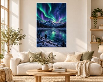 Aurora Borealis Night Sky Print | Northern Lights Landscape Wall Art | Arctic Starry Sky Poster