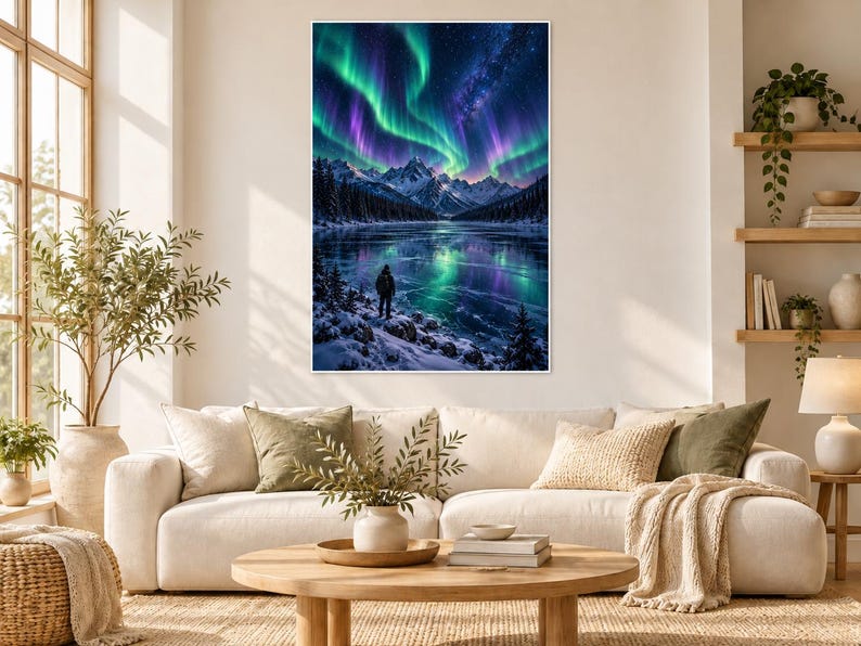May include: A rectangular wall art print featuring a vibrant night landscape with green and purple aurora borealis lights above snow-covered mountains and a frozen lake, with a lone figure standing on the snowy shoreline in the foreground.