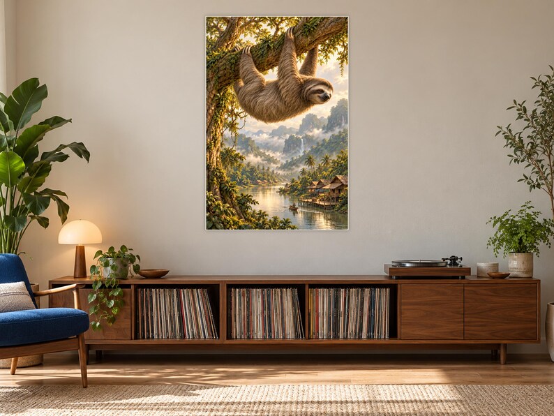 Sloth Art Print | Tropical River Village Fantasy Wall Decor image 17