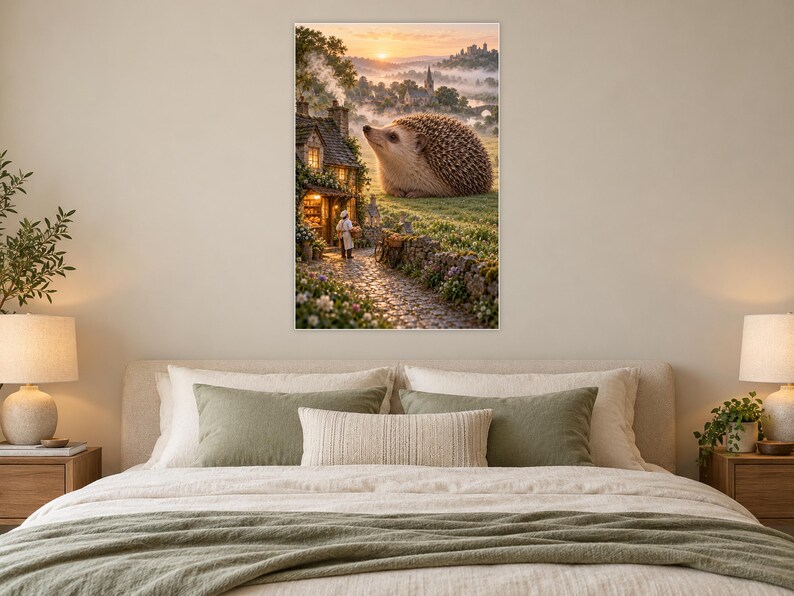 Hedgehog Art Print | Cozy Village Bakery Fantasy Wall Decor immagine 4