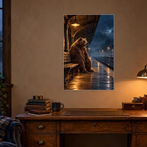 Bear Train Station Art Print | Misty Night Railway Wall Decor image 2