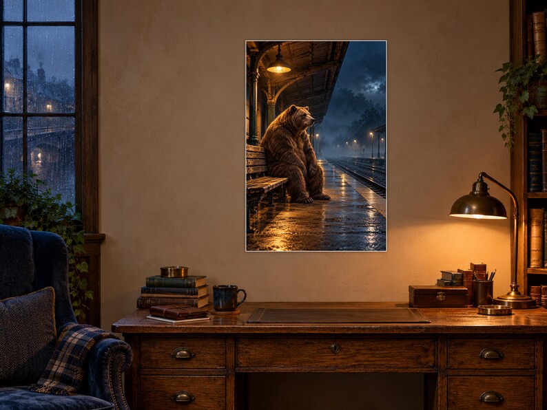 Bear Train Station Art Print | Misty Night Railway Wall Decor image 2