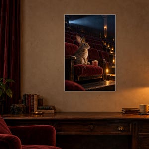 Konsttryck med kaninfilm | Mysig väggdekoration för filmkvällar bild 2
